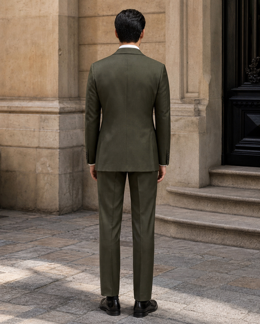 Olive Wool Shawl Lapel Suit - Custom Made to Measure back view