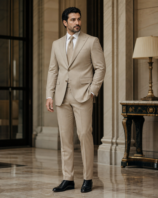 Plus Size Beige Wool Suit - Custom Made to Measure side back view