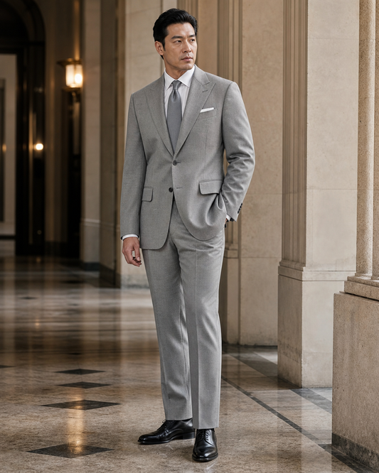 Plus Size Light Grey Wool Suit - Custom Made to Measure side back view