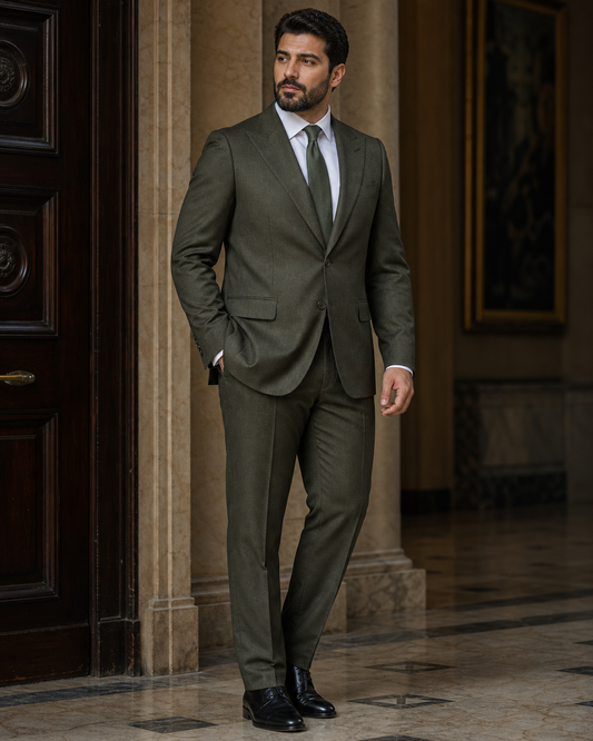 Plus Size Olive Flannel Suit - Custom Made to Measure side back view