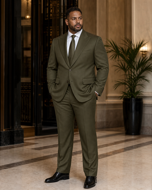 Plus Size Olive Wool Suit - Custom Made to Measure side back view