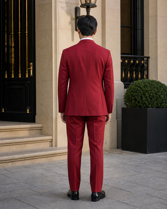Red Silk Blend Peak Lapel Suit - Custom Made to Measure back view