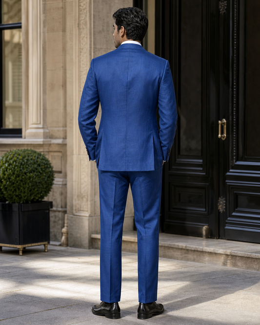 Royal Blue Linen Peak Lapel Suit - Custom Made to Measure back view