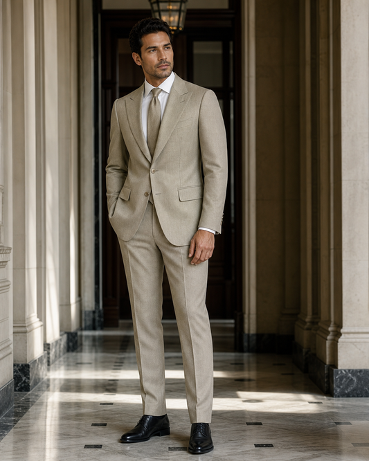 Sage Beige Cashmere Blend Winter Suit - Custom Made to Measure side back view