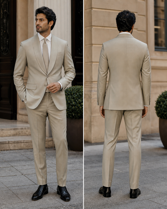 Sage Beige Silk Blend Shawl Lapel Suit - Custom Made to Measure back view