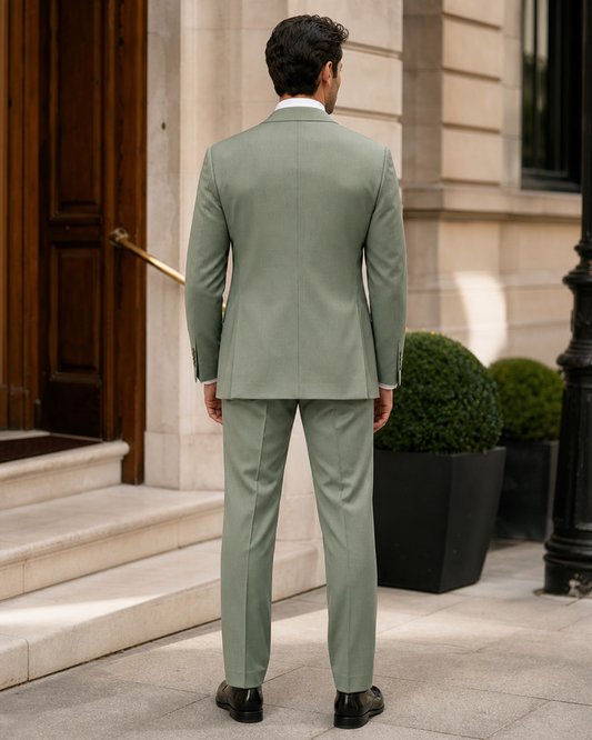 Sage Green Silk Blend Peak Lapel Suit - Custom Made to Measure back view