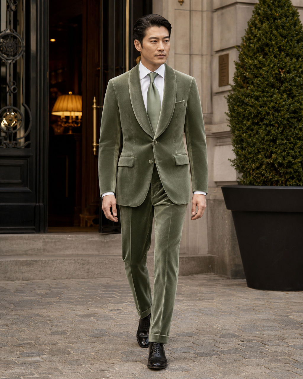 Sage Green Velvet Shawl Lapel Suit — Custom Made to Measure