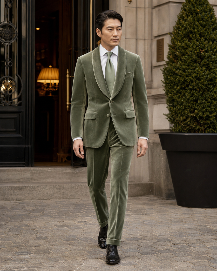 Sage Green Velvet Shawl Lapel Suit — Custom Made to Measure