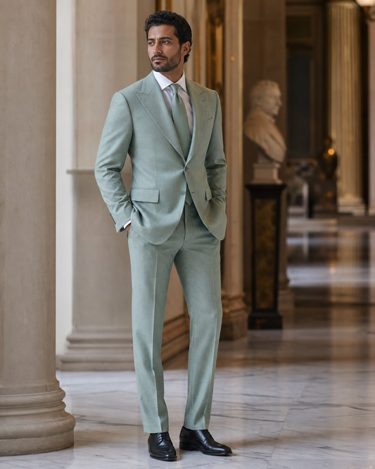 Seafoam Wool Outdoor Wedding Suit - Custom Made to Measure side back view
