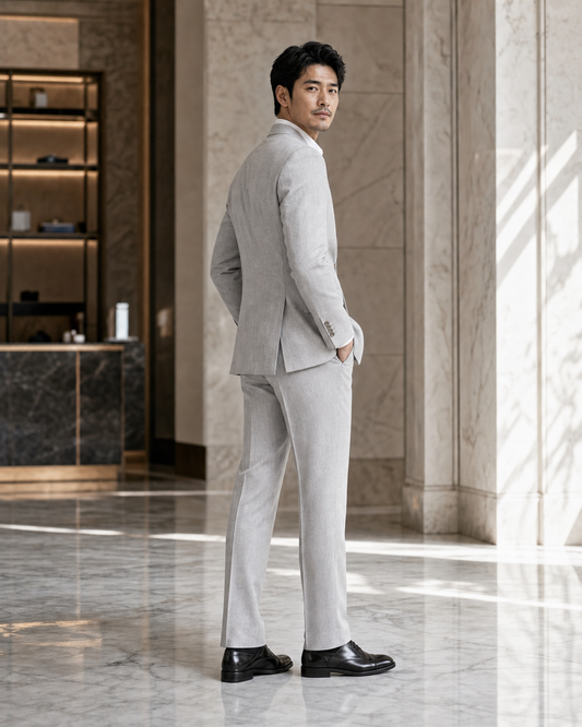 Silver Linen Peak Lapel Suit - Custom Made to Measure - Side Back View