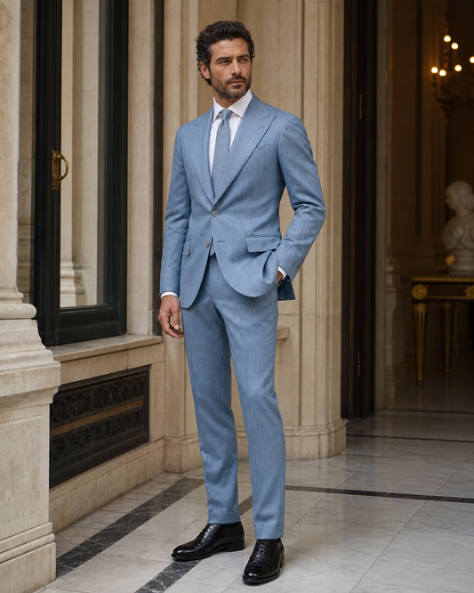 Sky Blue Herringbone Winter Suit - Custom Made to Measure side back view
