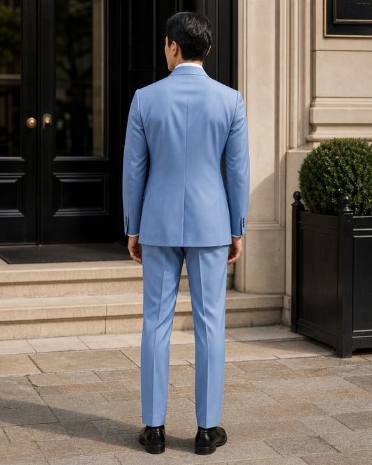 Sky Blue Silk Blend Peak Lapel Suit - Custom Made to Measure back view