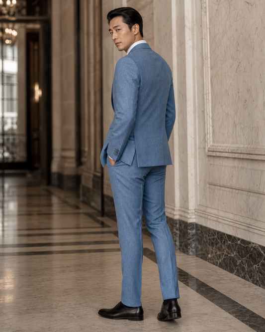 Sky Blue Tweed Winter Suit - Custom Made to Measure side back view