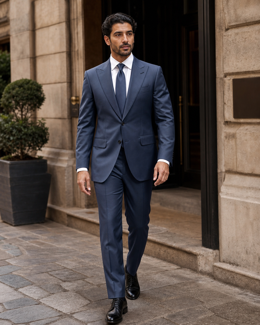 Slate Blue Silk Blend Peak Lapel Suit — Custom Made to Measure