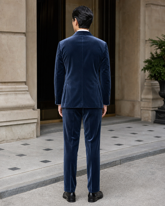 Slate Blue Velvet Shawl Lapel Suit - Custom Made to Measure back view