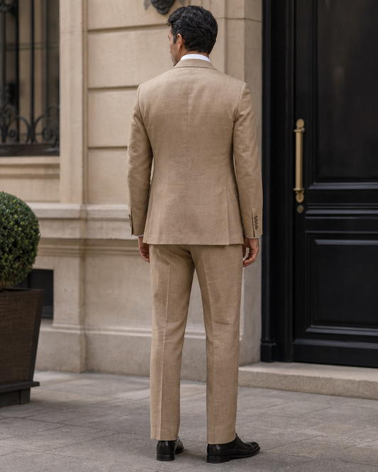 Tan Linen Peak Lapel Suit - Custom Made to Measure back view