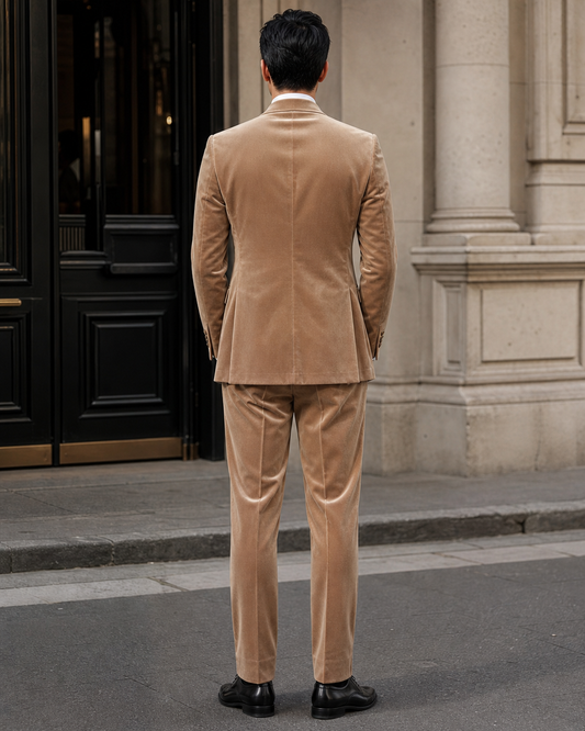 Tan Velvet Shawl Lapel Suit - Custom Made to Measure back view