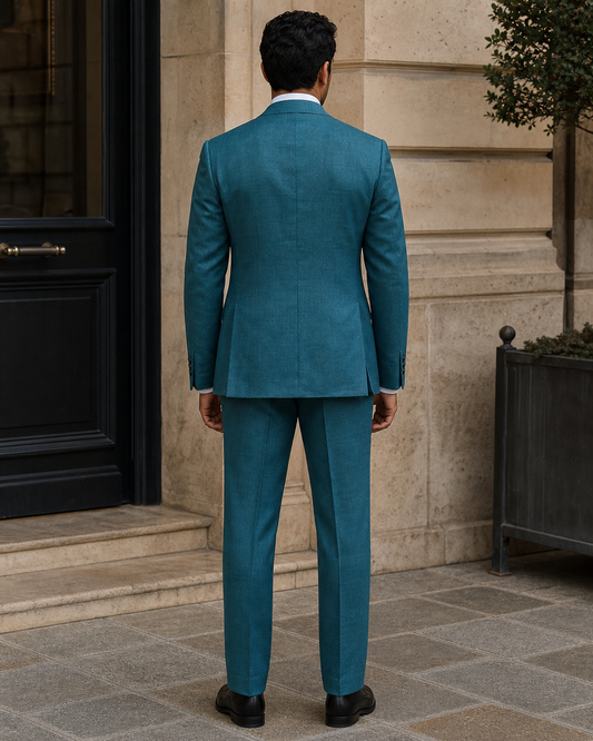 Teal Linen Peak Lapel Suit - Custom Made to Measure back view