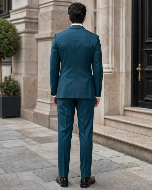Teal Silk Blend Peak Lapel Suit - Custom Made to Measure back view