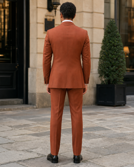 Terracotta Silk Blend Peak Lapel Suit - Custom Made to Measure back view