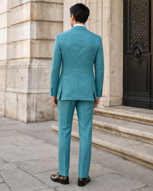 Turquoise Linen Peak Lapel Suit - Custom Made to Measure back view