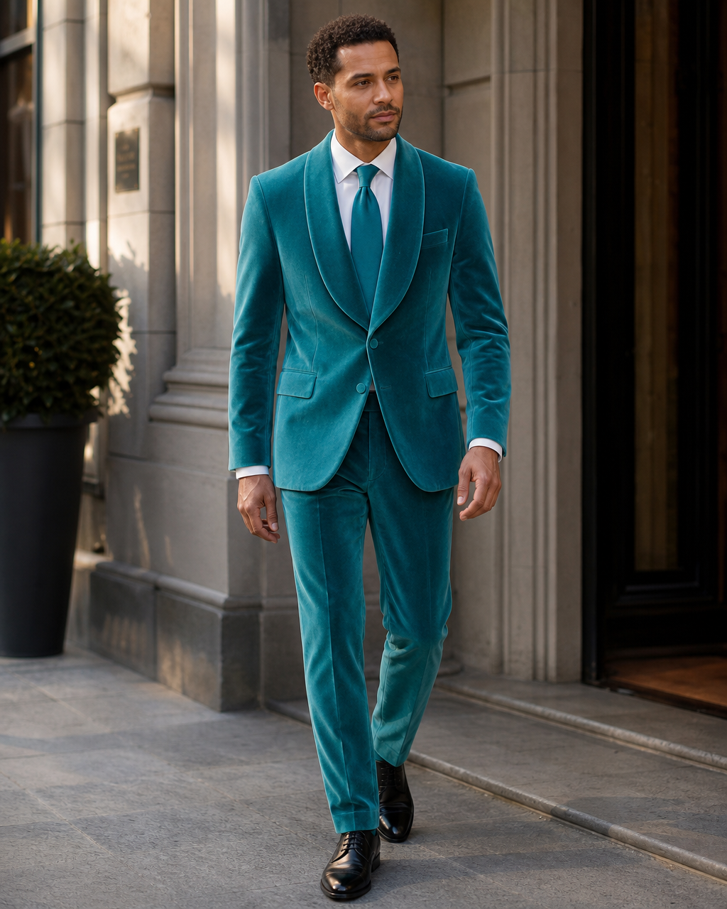 Turquoise Velvet Shawl Lapel Suit — Custom Made to Measure