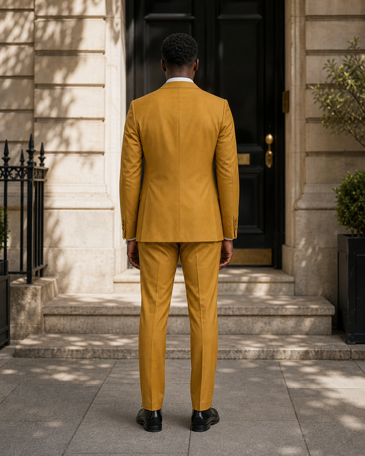 Warm Mustard Silk Blend Peak Lapel Suit - Custom Made to Measure back view