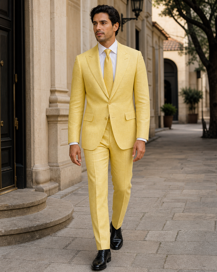 Yellow Linen Peak Lapel Suit — Custom Made to Measure