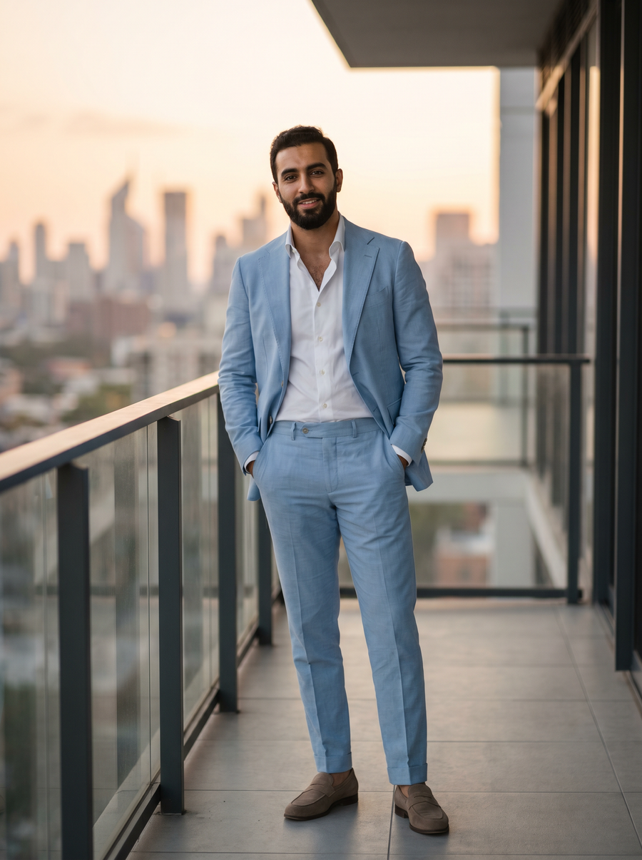 Baby Blue Cotton Groomsmen Suit — Custom Made to Measure