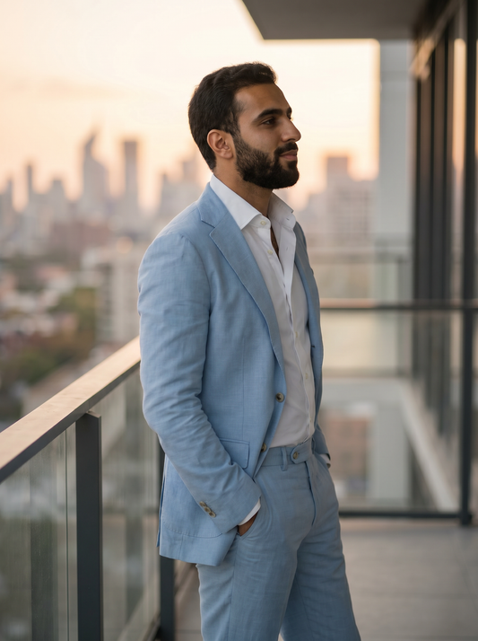 Baby Blue Cotton Groomsmen Suit — Custom Made - side view