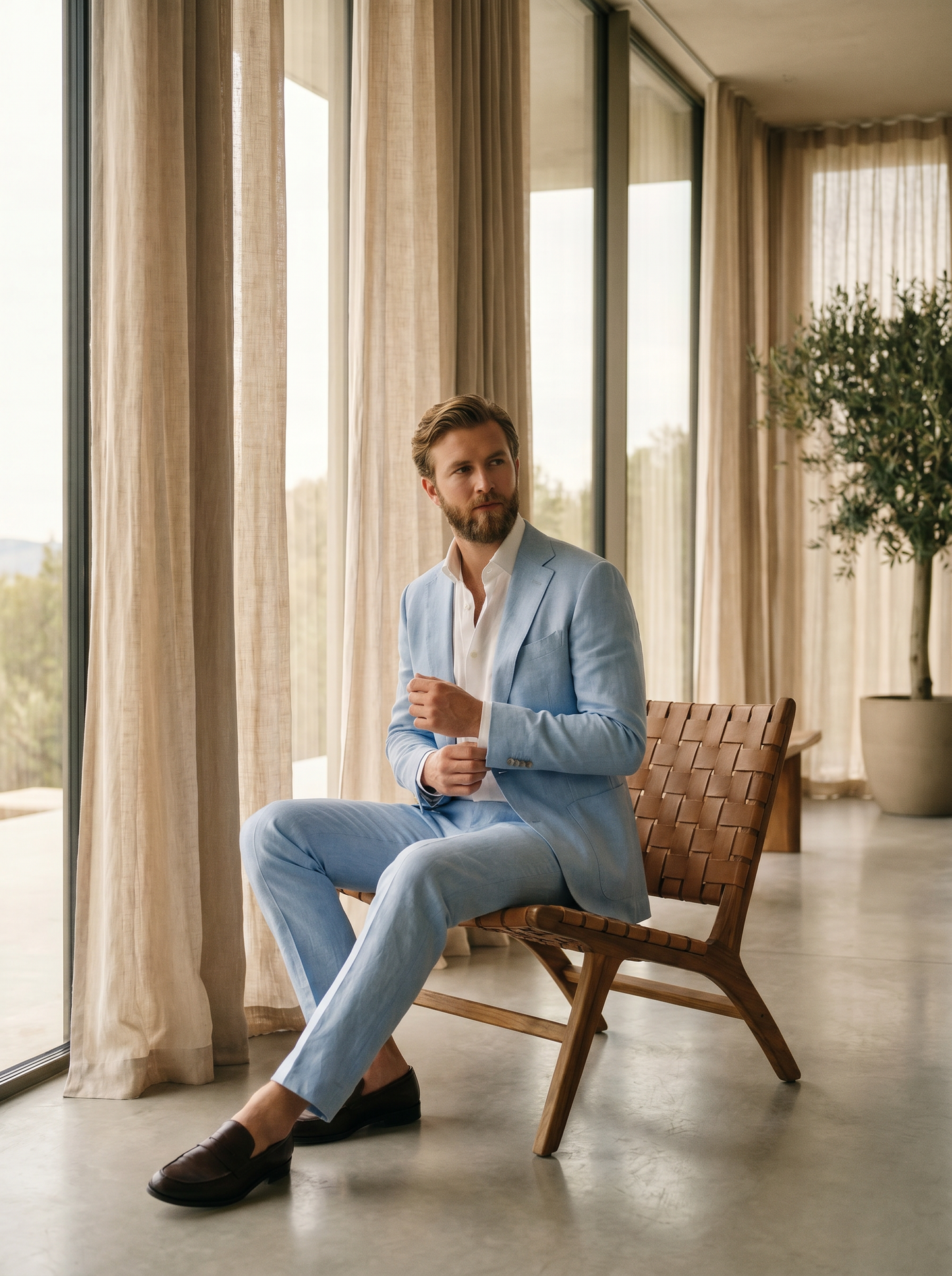 Baby Blue Linen Suit — Custom Made to Measure - seated view