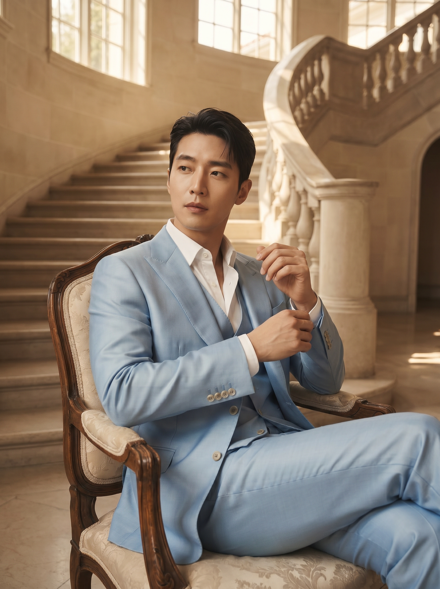 Baby Blue Silk Blend 3-Piece Suit — Custom Made to Measure - seated view