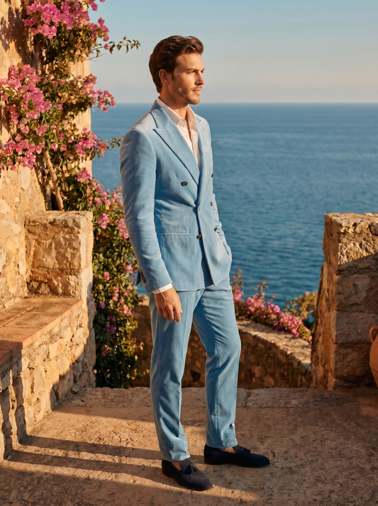 Baby Blue Velvet Double Breasted Suit — Custom Made to Measure - side view