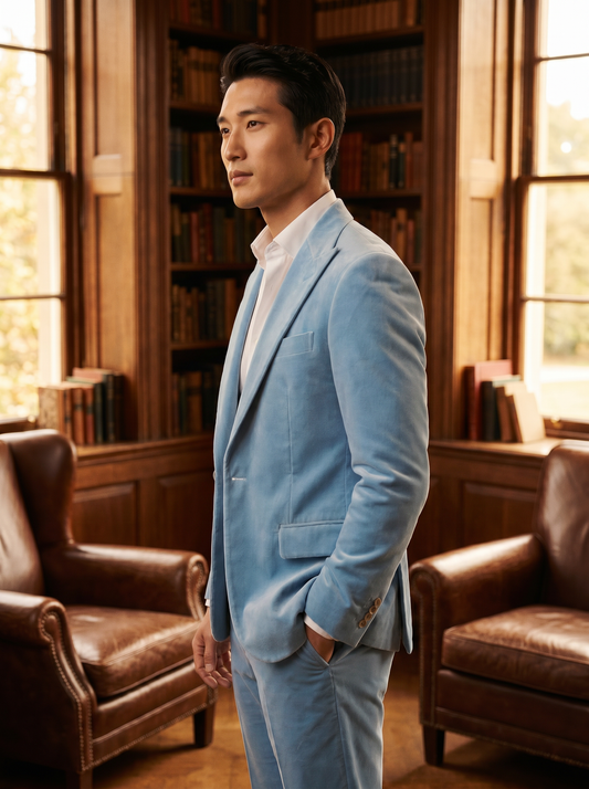 Baby Blue Velvet Groomsmen Suit — Custom Made to Measure - side view