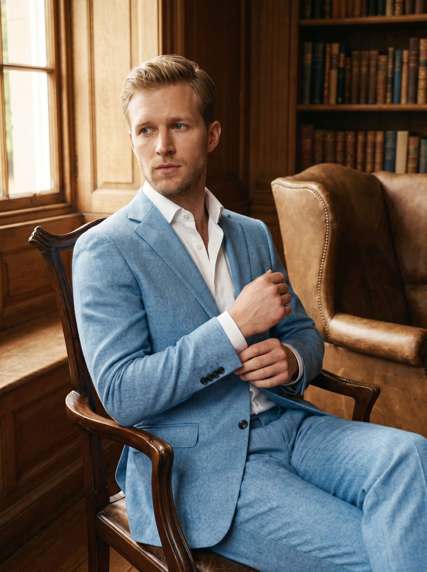 Baby Blue Wool Suit — Custom Made to Measure - seated view