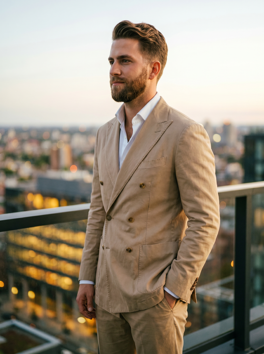 Beige Cotton Double Breasted Suit — Custom Made to Measure - side view