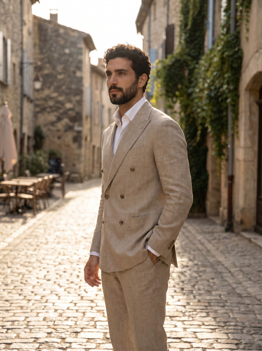 Beige Linen Double Breasted Suit — Custom Made to Measure - side view