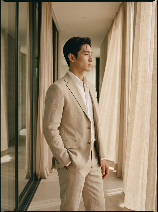 Beige Linen Groomsmen Suit — Custom Made to Measure - side view