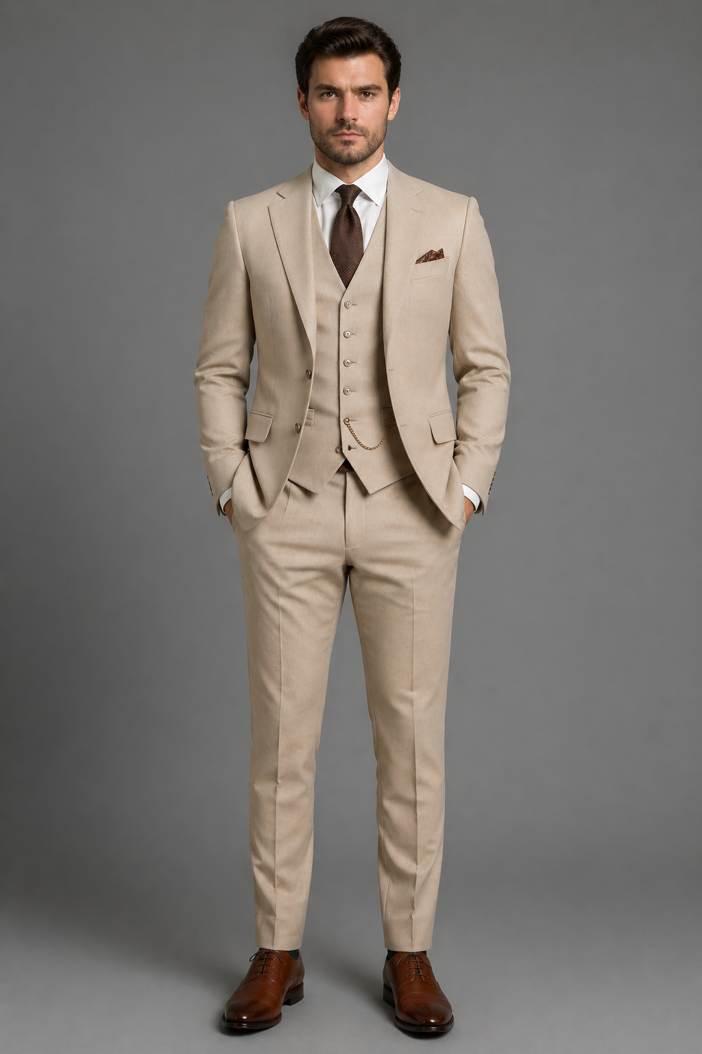 Beige Cotton Slim Fit Suit — Custom Made to Measure