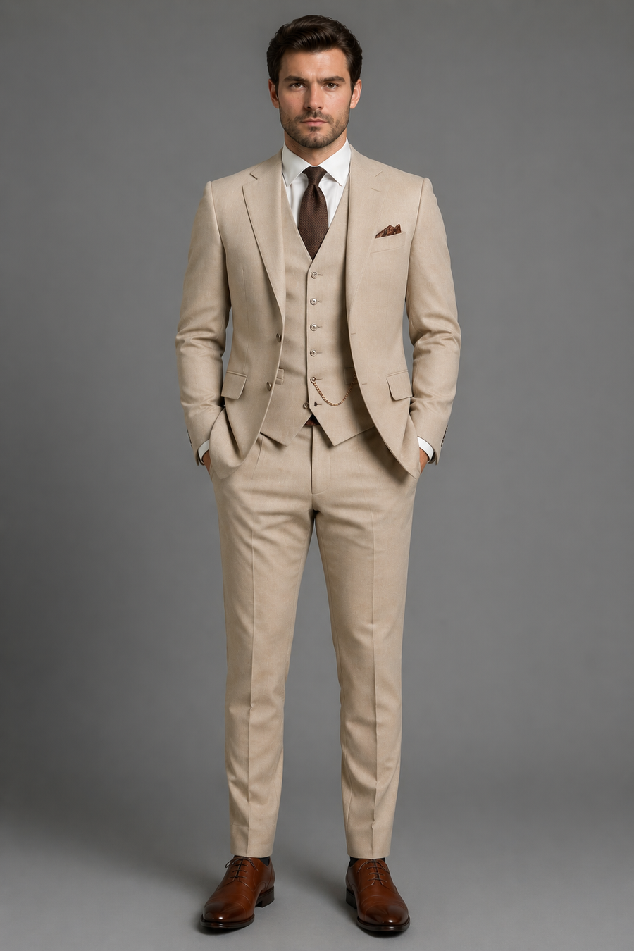 Beige Cotton Slim Fit Suit — Custom Made to Measure