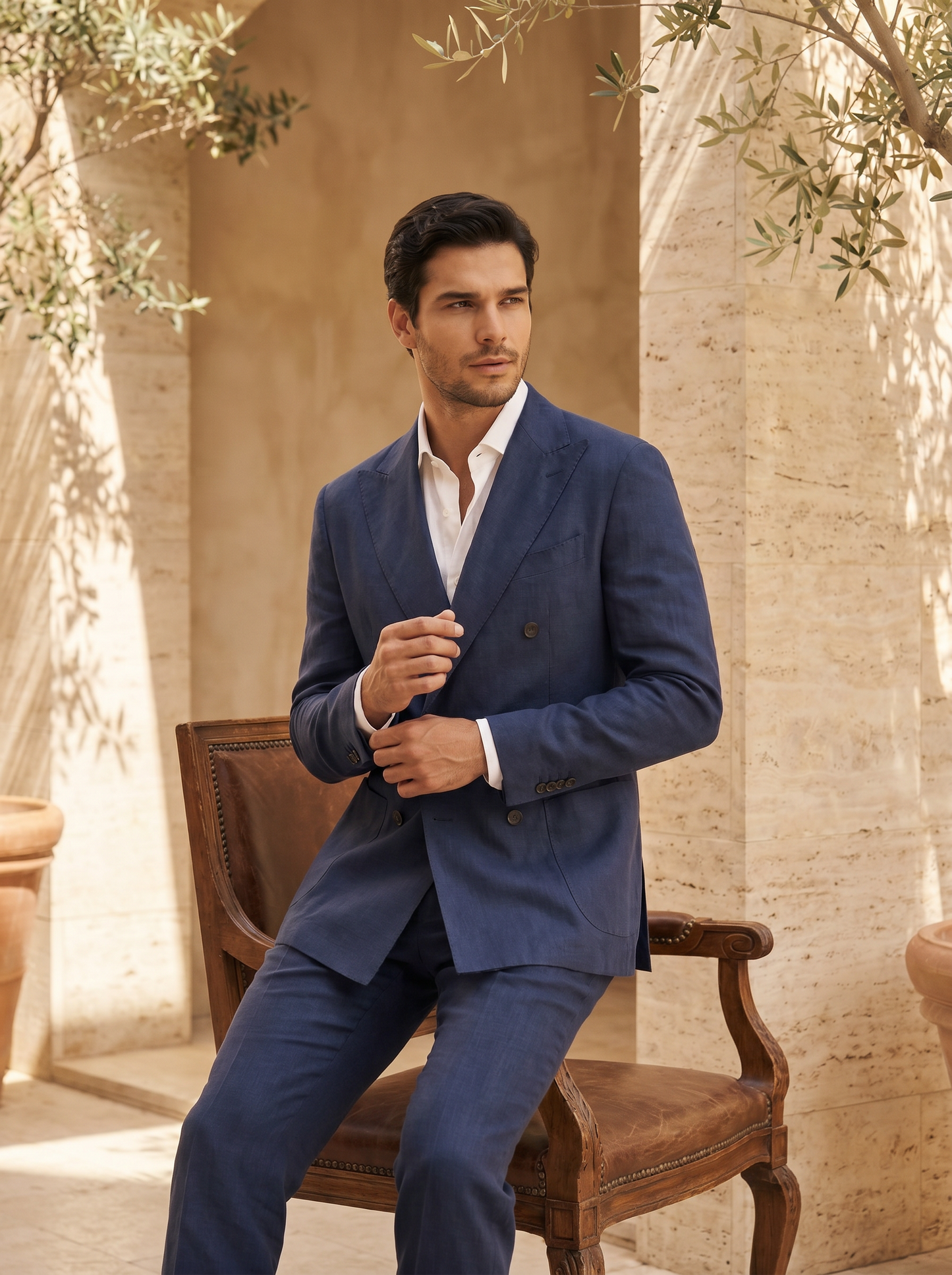 Blue Linen Double Breasted Suit — Custom Made to Measure - seated view