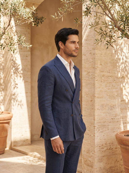 Blue Linen Double Breasted Suit — Custom Made to Measure - side view