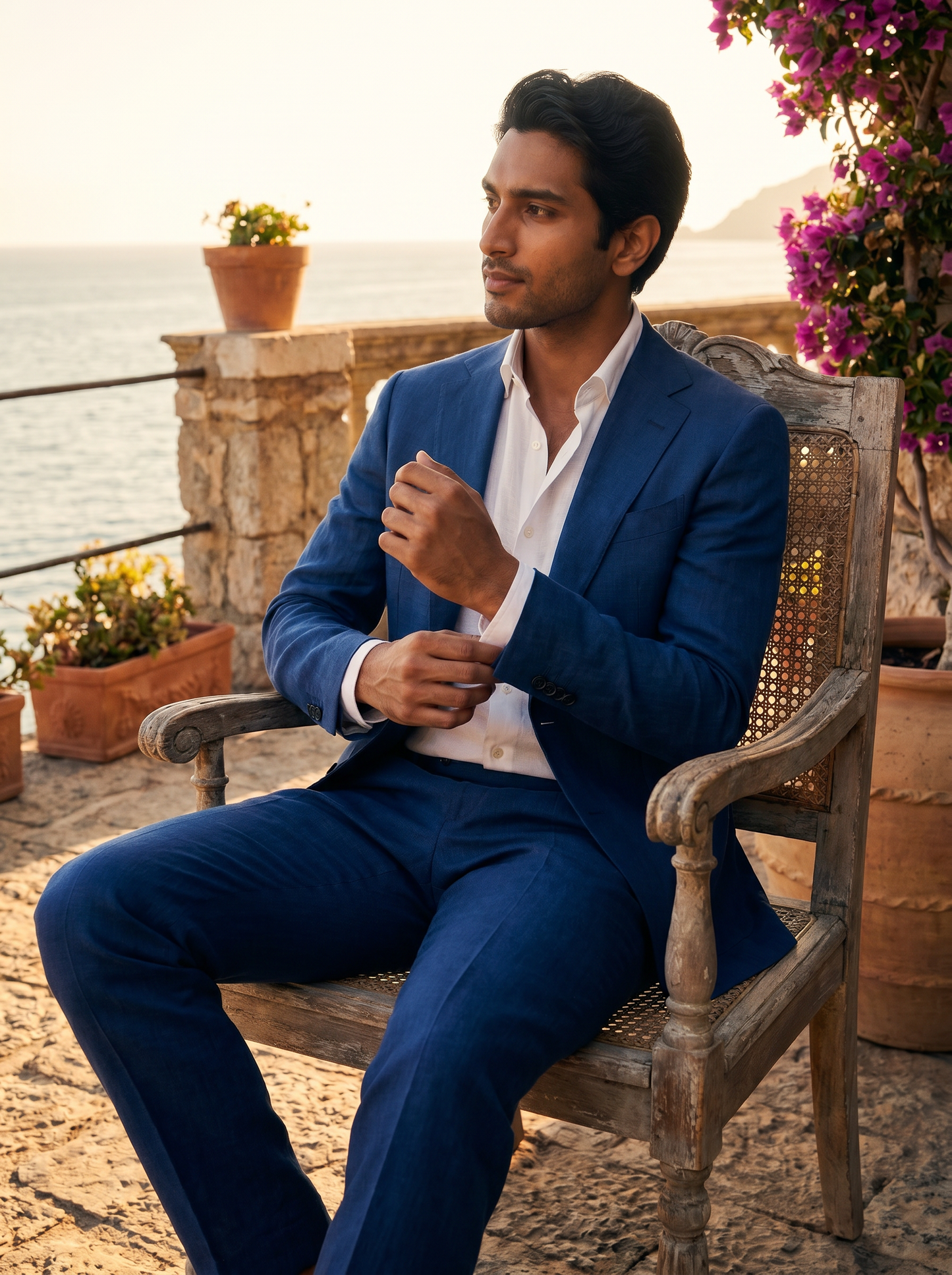 Blue Linen Groomsmen Suit — Custom Made to Measure - seated view