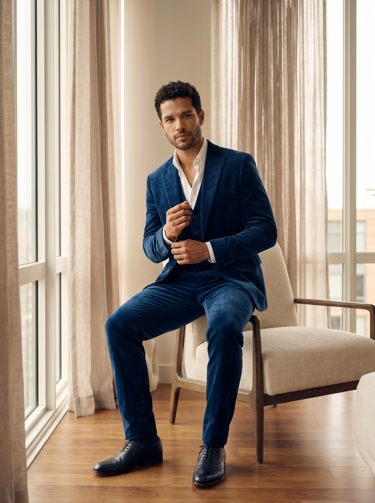 Blue Velvet 3-Piece Suit — Custom Made to Measure - seated view