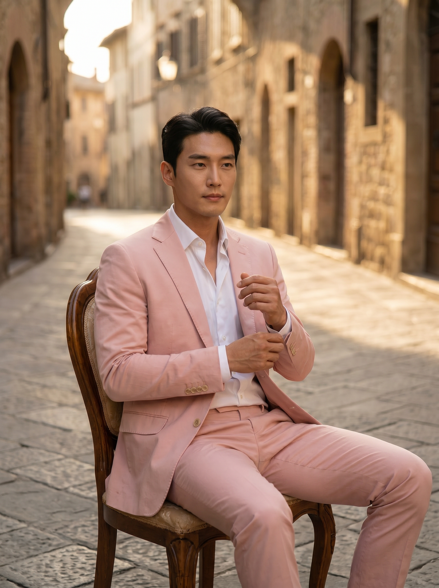 Blush Pink Cotton Groomsmen Suit — Custom Made to Measure - seated view