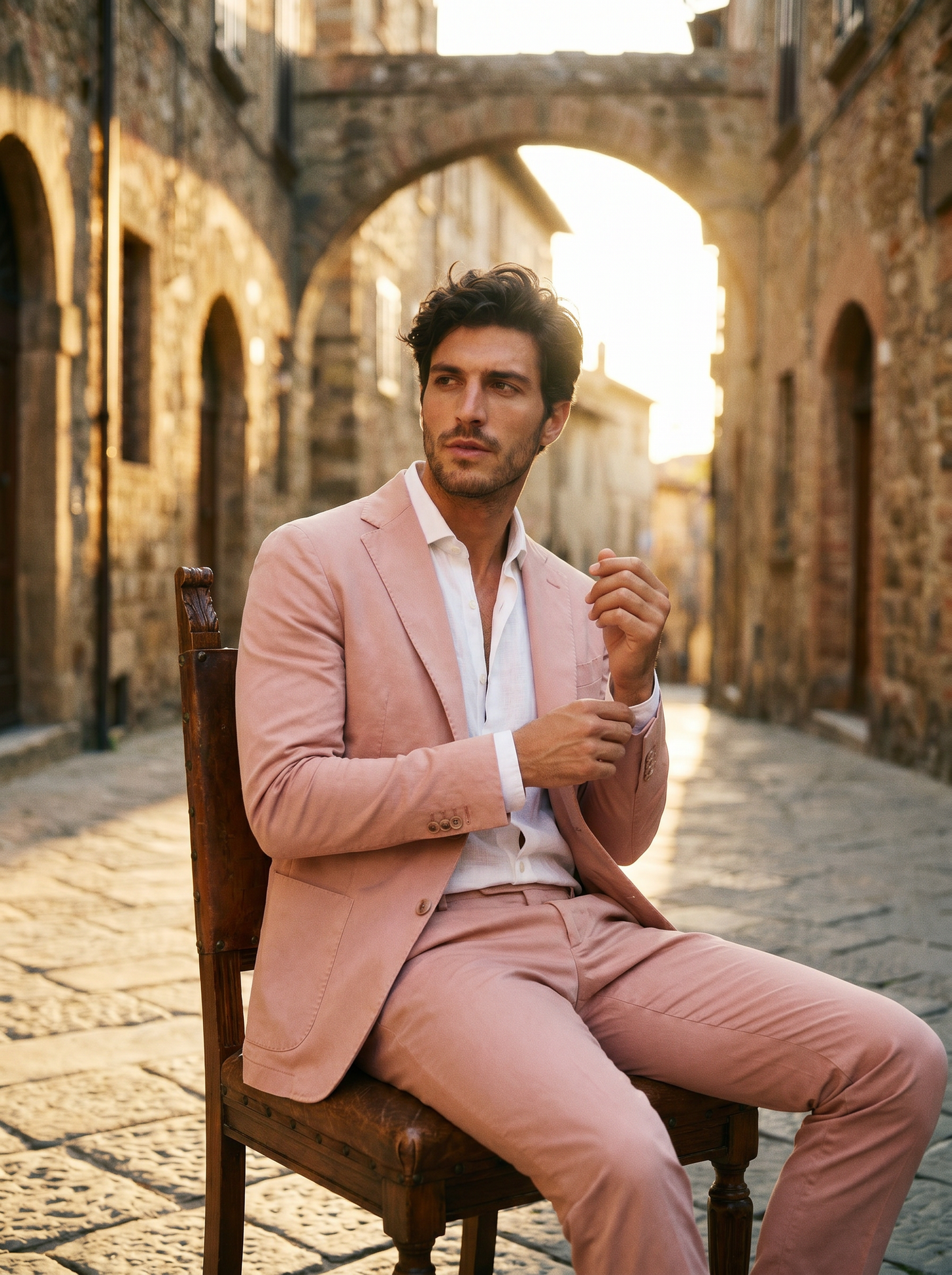 Blush Pink Cotton Suit — Custom Made to Measure - seated view