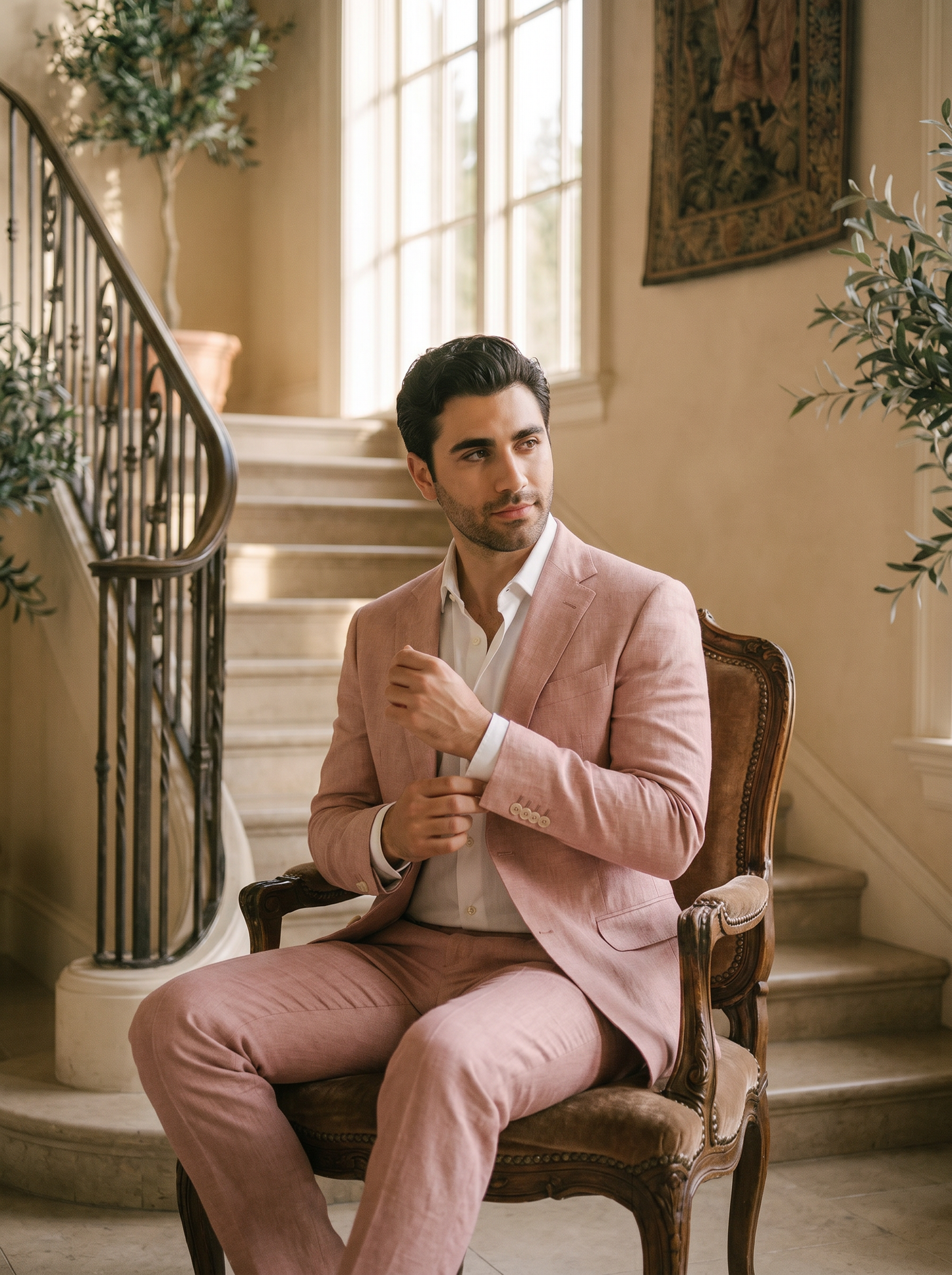 Blush Pink Linen Suit — Custom Made to Measure - seated view