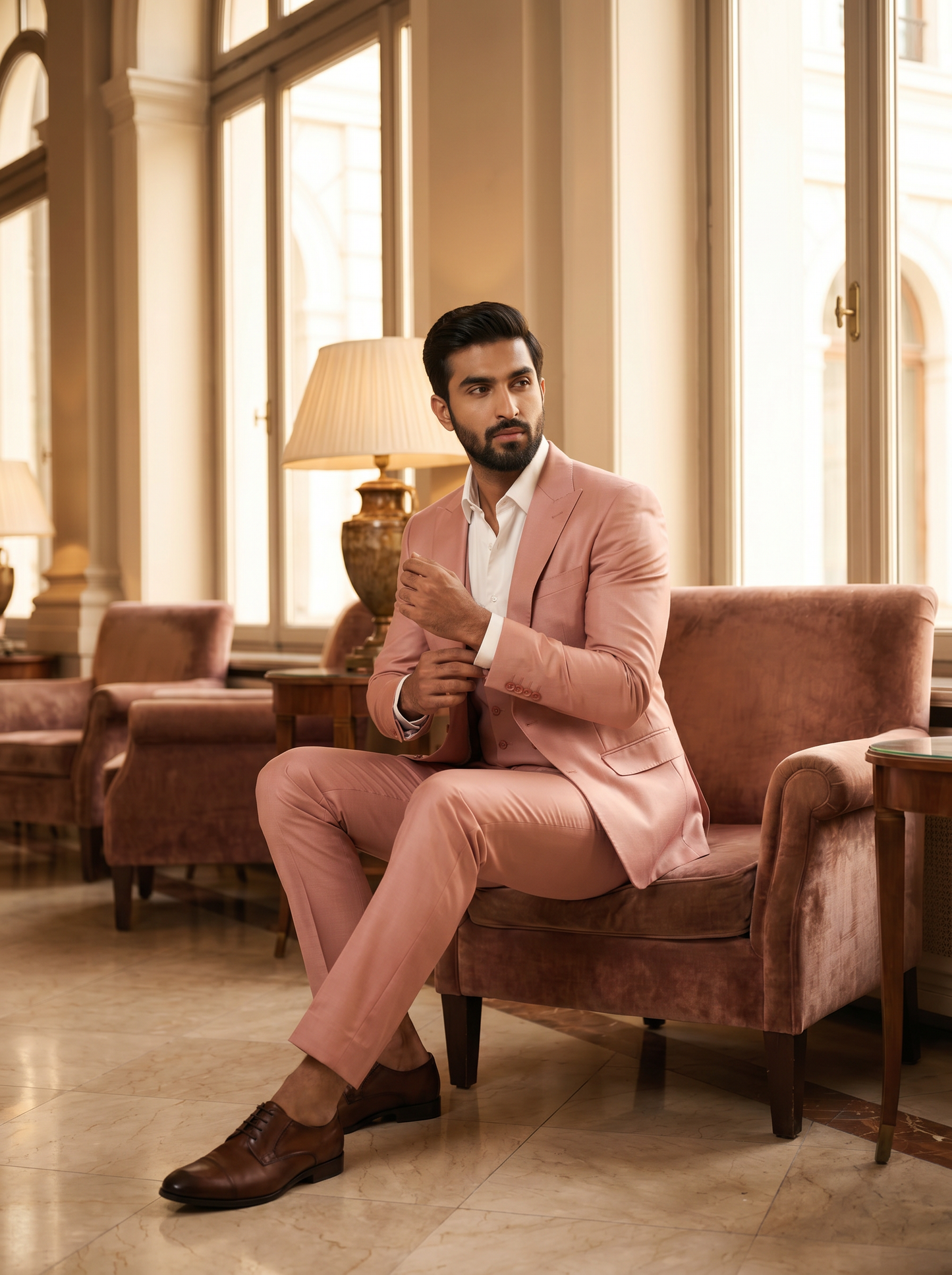 Blush Pink Silk Blend 3-Piece Suit — Custom Made to Measure - seated view