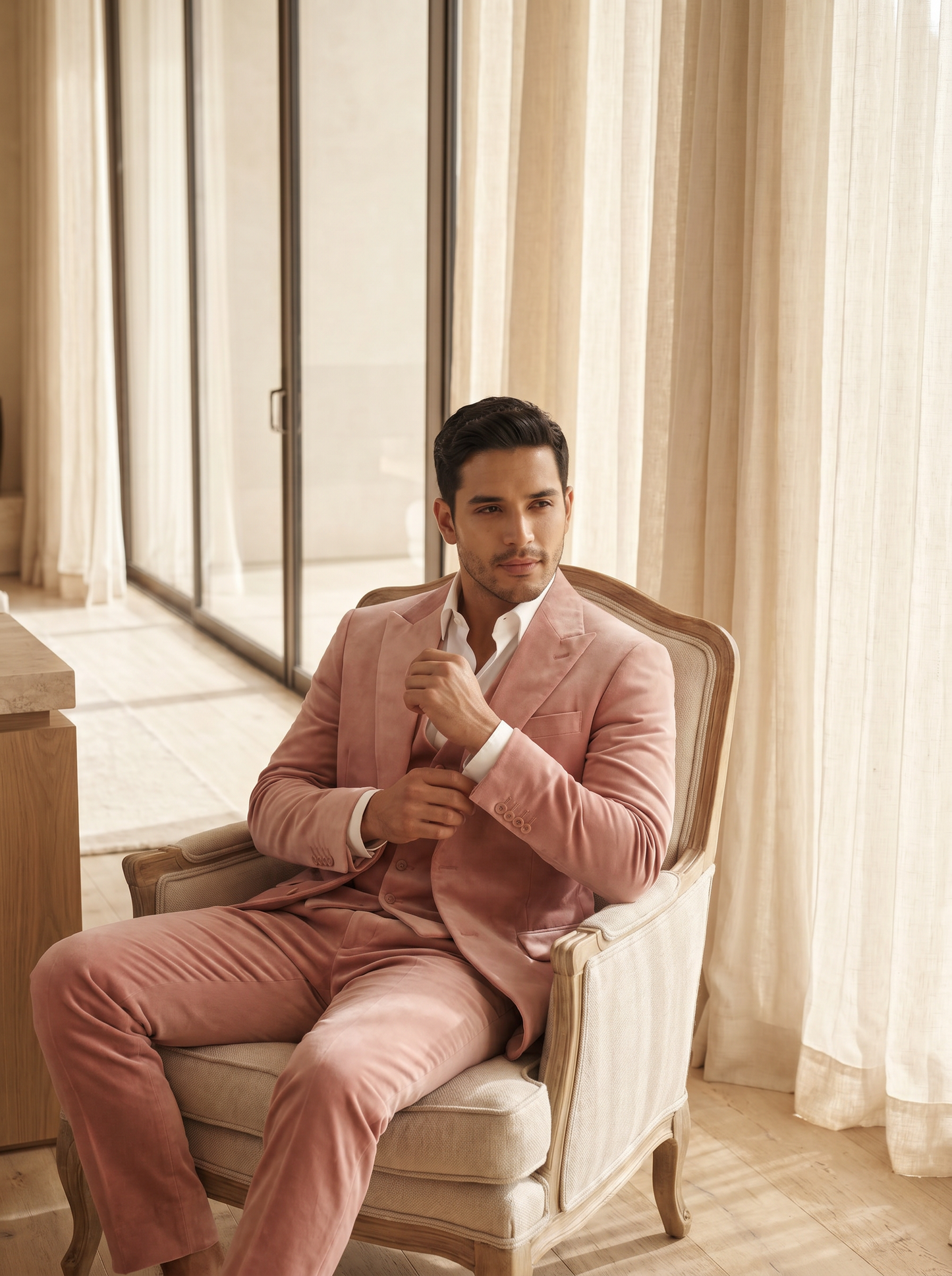Blush Pink Velvet 3-Piece Suit — Custom Made to Measure - seated view