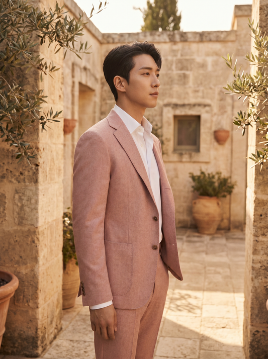 Blush Pink Wool Groomsmen Suit — Custom Made to Measure — Side View